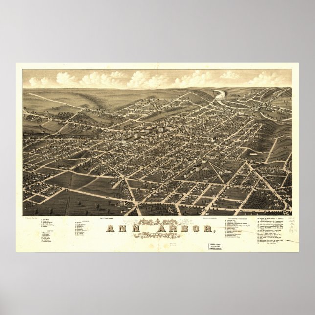 Poster Ann Arbor Michigan 1880 Antique carte panoramique (Devant)