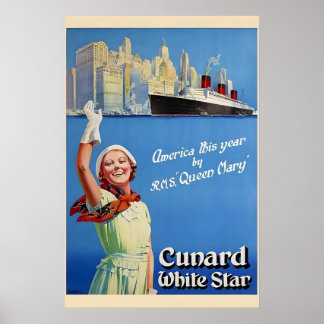 Poster Années 1930 Cunard White Star Line - RMS Queen Mar