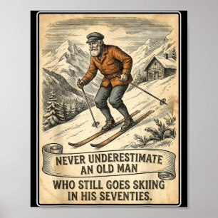 Poster Anniversaire 70 ans homme part skier skieur vintag