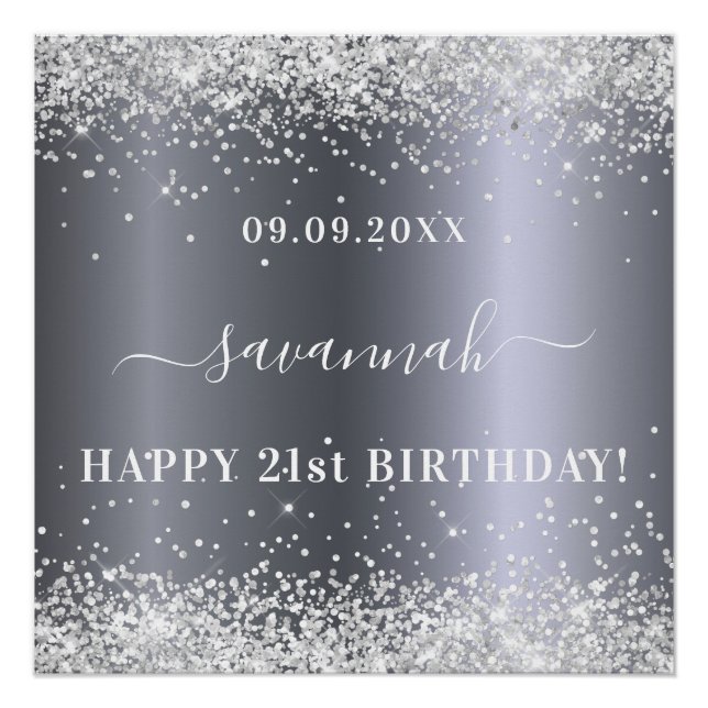 Poster Anniversaire argent parties scintillant nom décora (Devant)