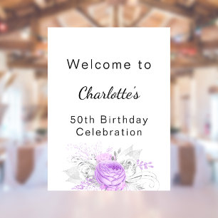 Poster Anniversaire blanc violet fleurs argent bienvenue