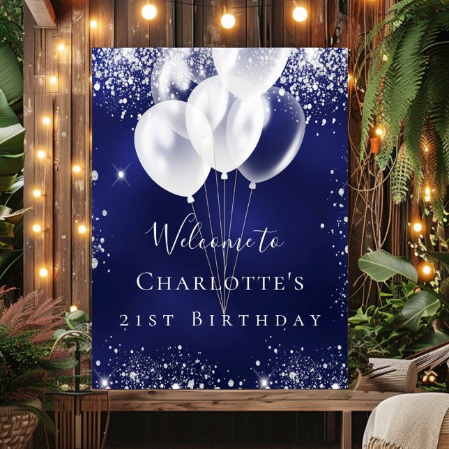 Poster Anniversaire bleu marine argent parties scintillan (Créateur téléchargé)