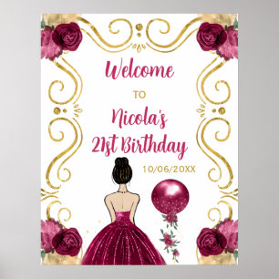 Poster Anniversaire Brown Cheveux Princesse Rouge foncé B