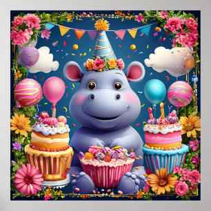 Poster Anniversaire de l'Hippopotame de Dessin Animé – Fê