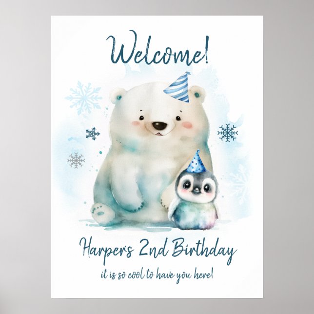 Poster Anniversaire d'hiver des ours pingouins et polaire (Devant)