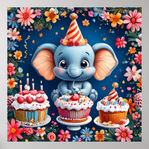 Poster Anniversaire éléphant avec gâteau et ballons