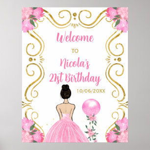 Poster Anniversaire Fête Brown Cheveux Princesse Rose Bie