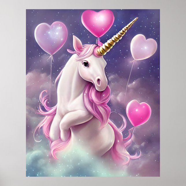 Poster Anniversaire fille Imaginaire Unicorne avec ballon (Devant)