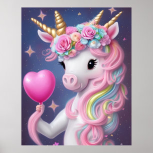 Poster Anniversaire fille rose bébé licorne