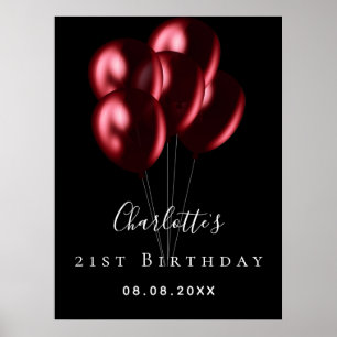 Poster Anniversaire noir ballons rouges nom bienvenue