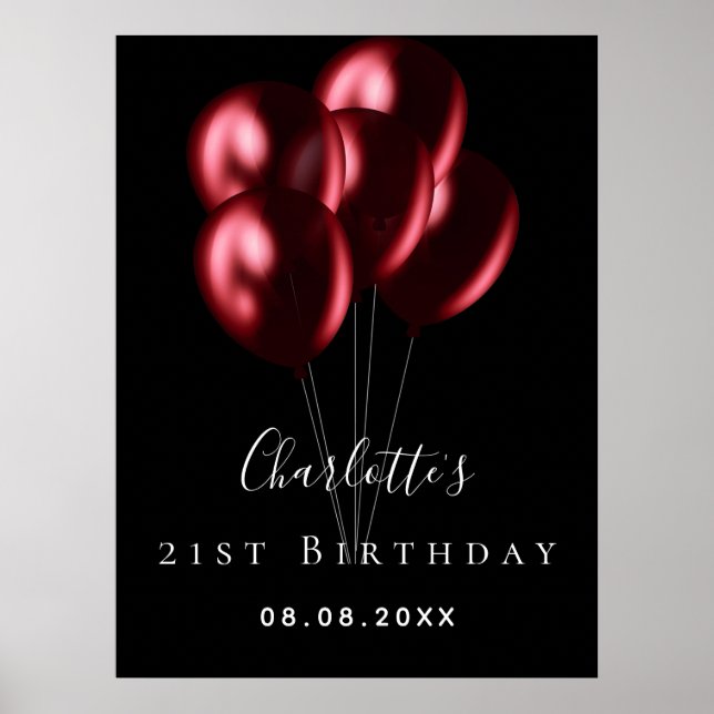 Poster Anniversaire noir ballons rouges nom bienvenue (Devant)