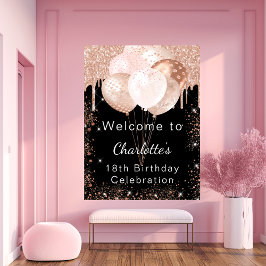 Poster Anniversaire noir rose or ballons bienvenue