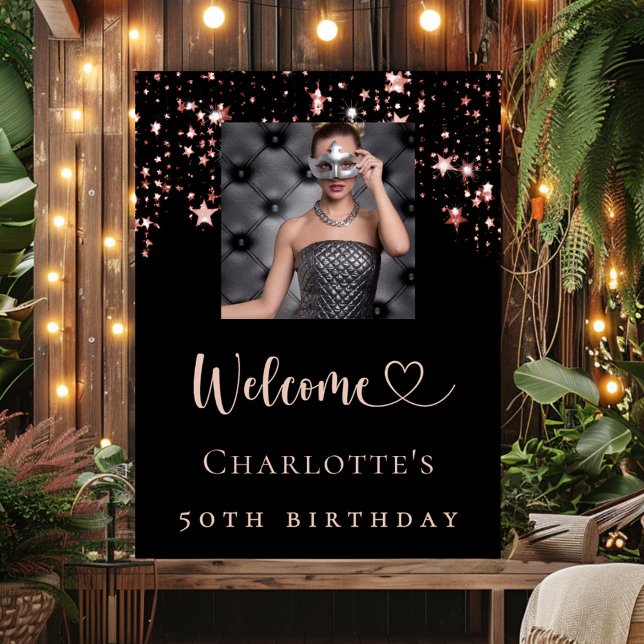 Poster Anniversaire noir rose or photo étoiles bienvenue (Créateur téléchargé)