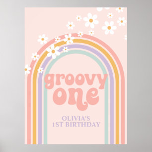 Poster Anniversaire pastel arc-en-ciel rétro groovy 1 un 