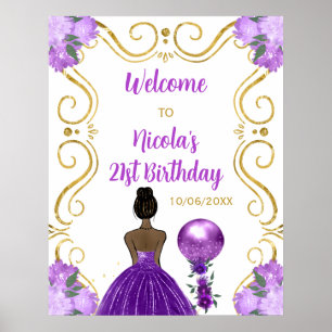 Poster Anniversaire Peau foncée Princesse Purple Bienvenu