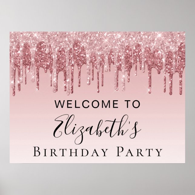 Poster Anniversaire Pink Rose Gold Parties scintillant Bi (Devant)