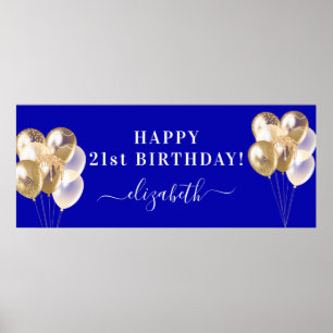 Poster Anniversaire royal bleu or ballons nom script