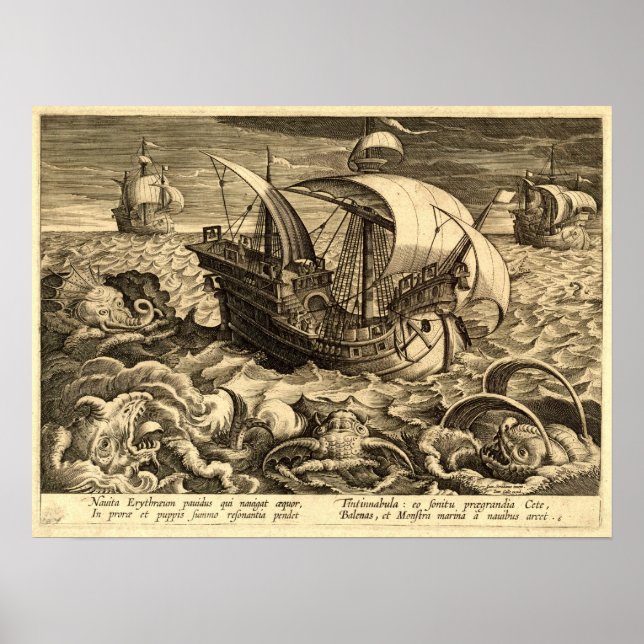 Poster Antique 1590 Navires Et Monstres De Mer (Devant)