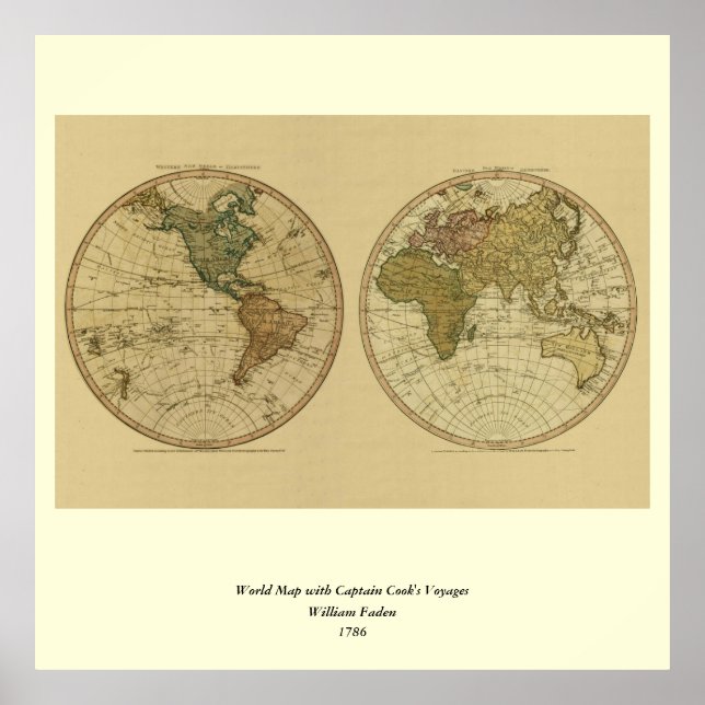 Poster Antique 1786 World Map by William Faden (Devant)