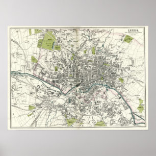 Poster Antique carte de Leeds du XIXe siècle