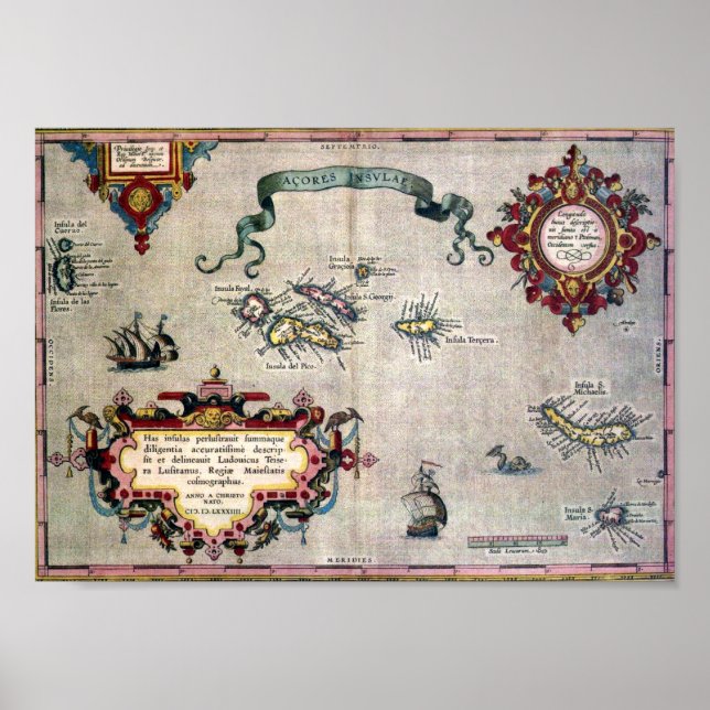 Poster Antique carte des Açores de 1584 - Réplique (Devant)