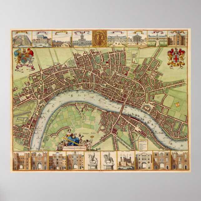 Poster Antique carte du 17ème siècle de Londres W. Hollar (Devant)