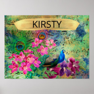 Poster Antique Illustrated Peacock & Flowers Grunge