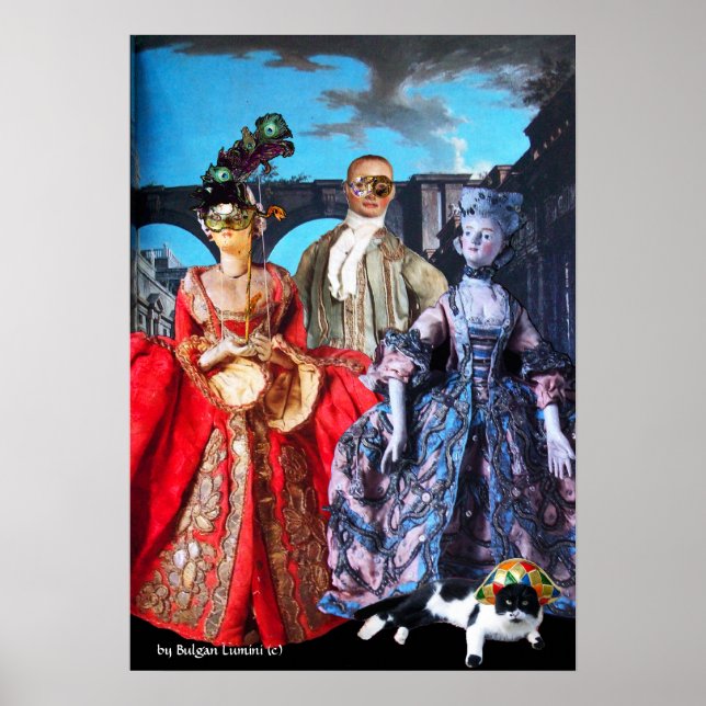 POSTER ANTIQUE ITALIENNE PUPPETS MASQUERADE COSTUME PARTI (Devant)