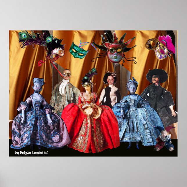 POSTER ANTIQUE ITALIENNE PUPPETS MASQUERADE COSTUME PARTI (Devant)