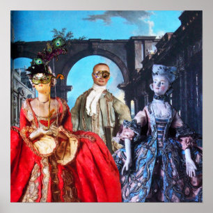 POSTER ANTIQUE ITALIENNE PUPPETS MASQUERADE COSTUME PARTI