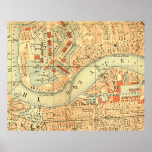 Poster Antique Londres carte River Thames vieux vintage