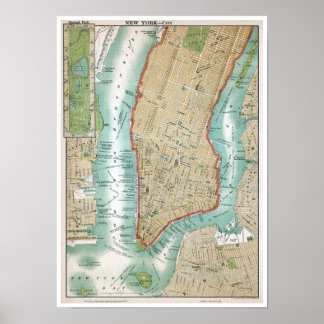 Poster Antique Map of Lower Manhattan and Central Park