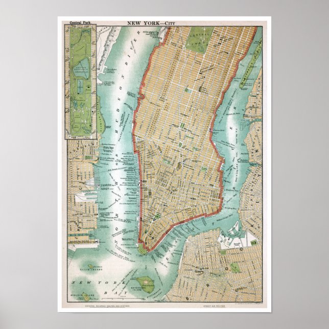 Poster Antique Map of Lower Manhattan and Central Park (Devant)