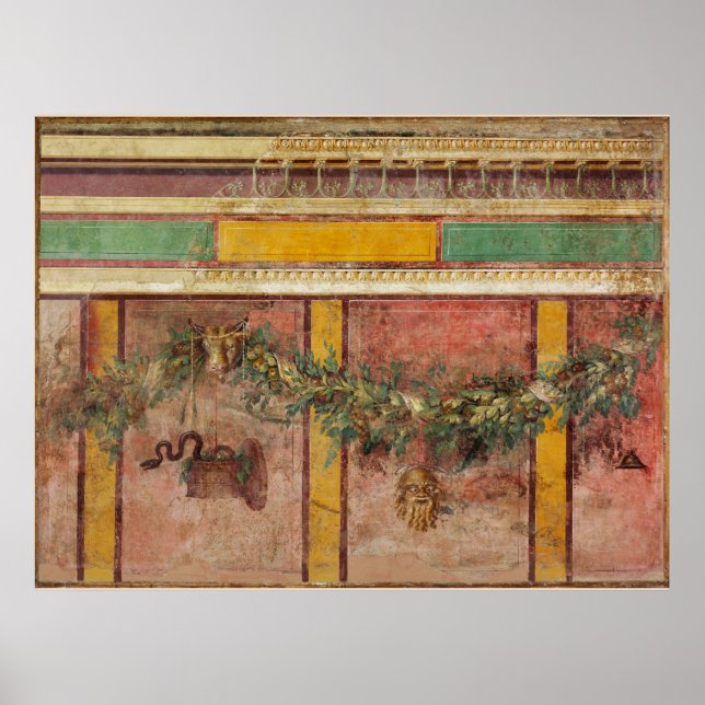 POSTER ANTIQUE ROMAN FRESCO,SATYR MASK,GARLAND,FRUITS  (Devant)