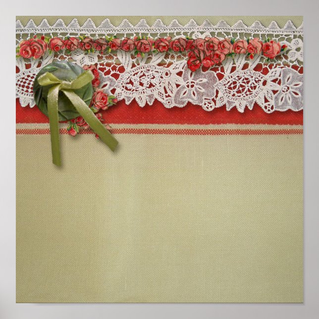 Poster Antique Rose dentelle Rustique Rouge Victorien Bur (Devant)