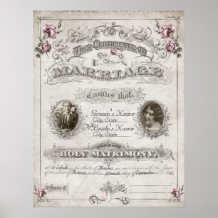 Poster Antique rose Roses certificat de mariage Vintage