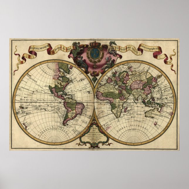 Poster Antique World Map by Guillaume de L'Isle, 1720 (Devant)