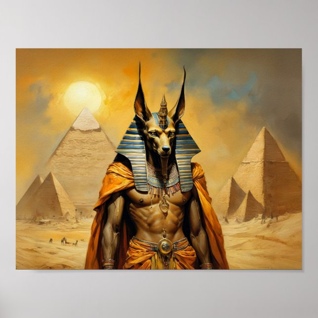 Poster Anubi Le Dieu égyptien avec des pyramides (Devant)