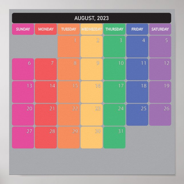 Poster Août 2023 calendrier planificateur jours couleur (Devant)