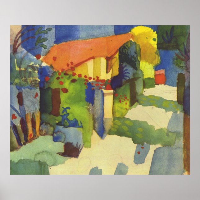 Poster Août Macke - Maison dans le jardin 1914 Waterolor (Devant)