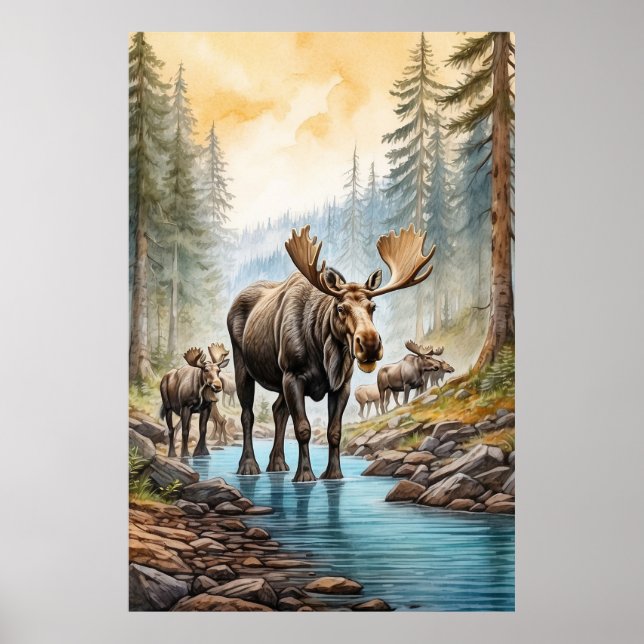 Poster *~* AP49 MOOSE Herd Stream Nature Forest (Devant)
