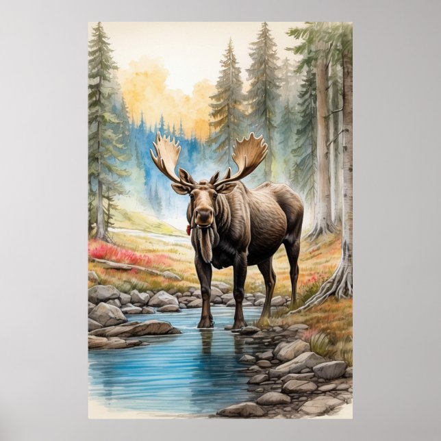 Poster *~* AP49 MOOSE Rocks Stream Forest Nature (Devant)