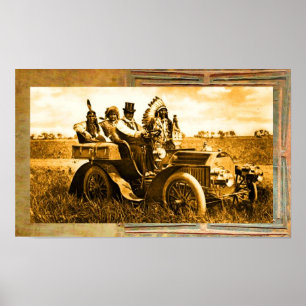 POSTER APACHES ET GERONIMO CONDUISANT UNE VOITURE À MOTEU