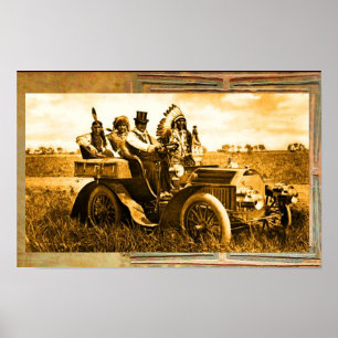 POSTER APACHES ET GÉRONIMO CONDUISANT UNE VOITURE AUTOMOB