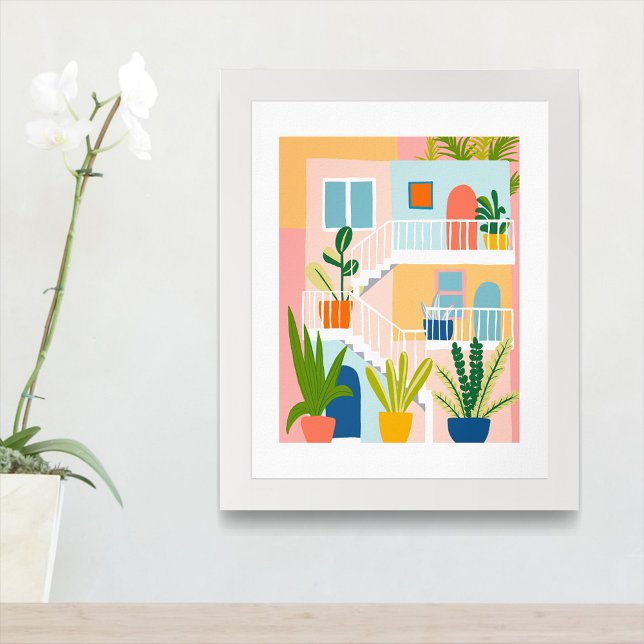 Poster Appartement Tropical Coloré Illustration Art Cool (Colorful Tropical Apartment Building architecture Illustration Art Poster
)