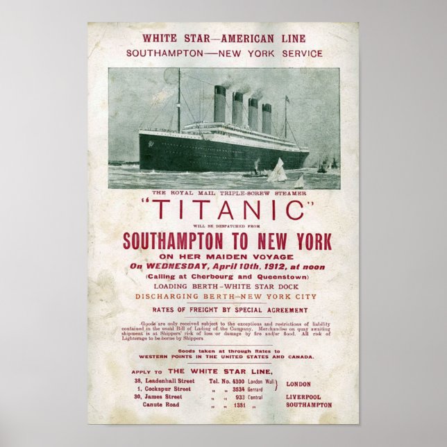 Poster Appel TITANIQUE 1912 pour le fret (Devant)