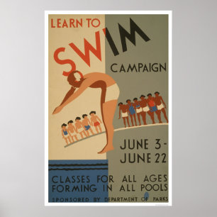 Poster Apprenez À Nager NYC 1940 WPA