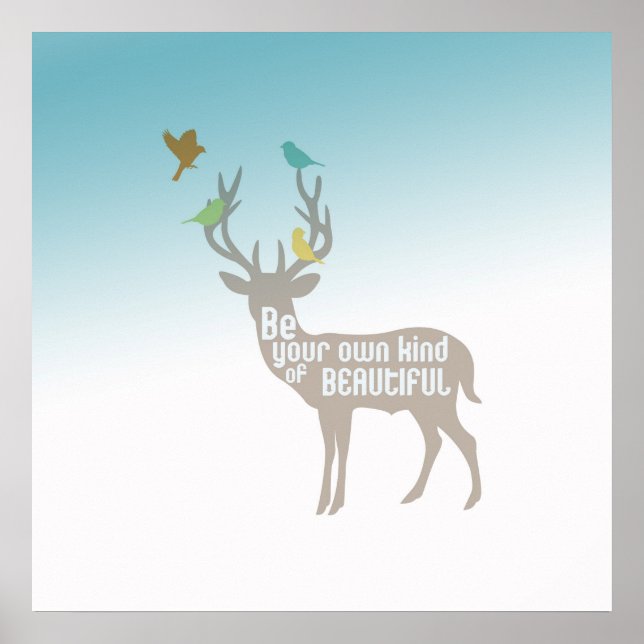 Poster Aqua Blue Be Beautiful Deer Birds (Devant)