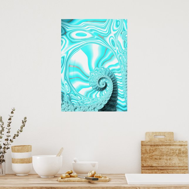 Poster Aqua Blue Nautilus Shell Spiral Fractal Abstrait (Cuisine)