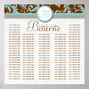 Poster Aqua Brown Monogramme Damask Seat Chart